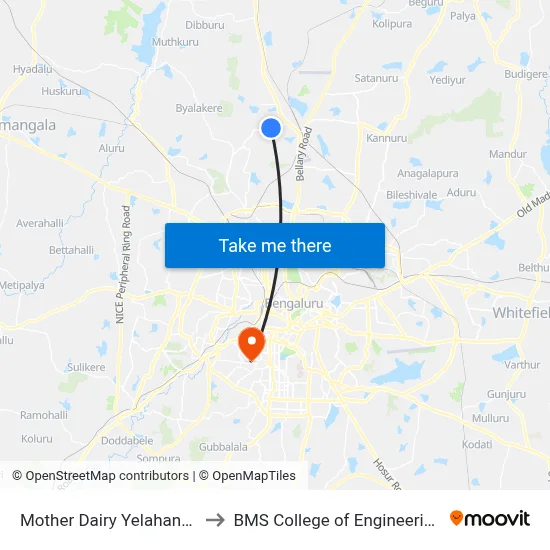 Mother Dairy Yelahanka to BMS College of Engineering map