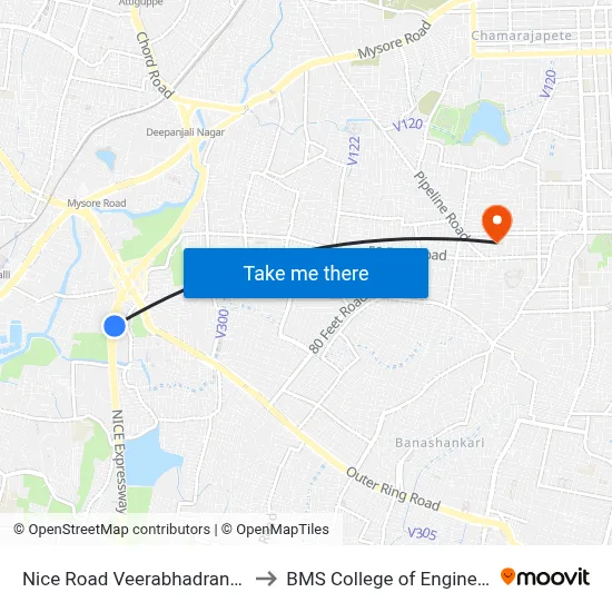 Nice Road Veerabhadranagara to BMS College of Engineering map