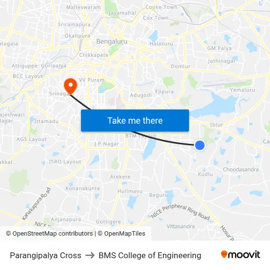 Parangipalya Cross to BMS College of Engineering map