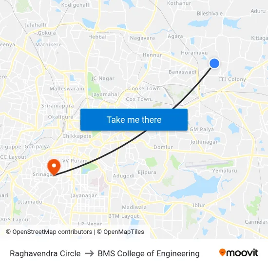 Raghavendra Circle to BMS College of Engineering map