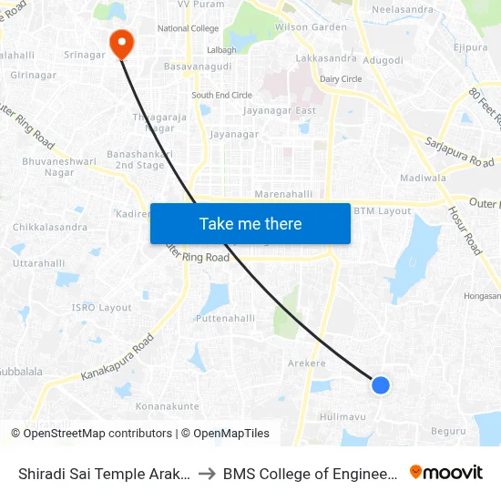 Shiradi Sai Temple Arakere to BMS College of Engineering map