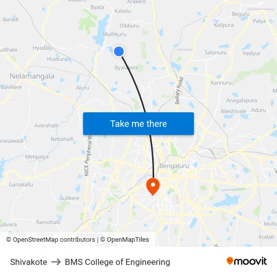 Shivakote to BMS College of Engineering map