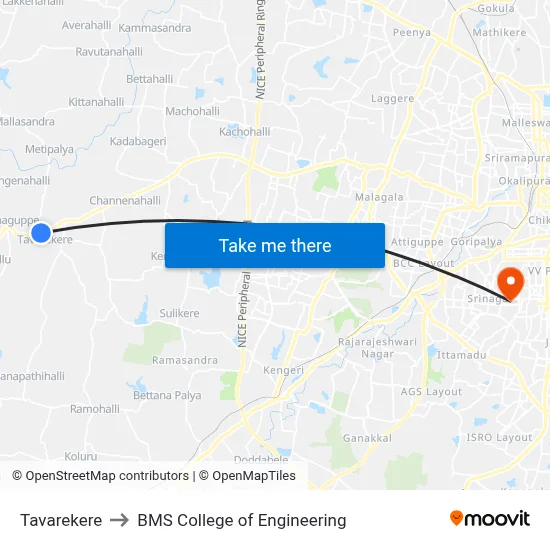 Tavarekere to BMS College of Engineering map