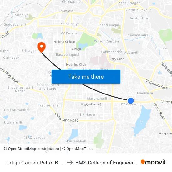 Udupi Garden Petrol Bunk to BMS College of Engineering map