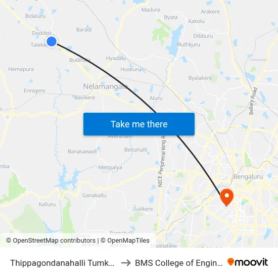 Thippagondanahalli Tumkur Road to BMS College of Engineering map