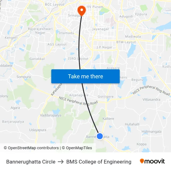 Bannerughatta Circle to BMS College of Engineering map