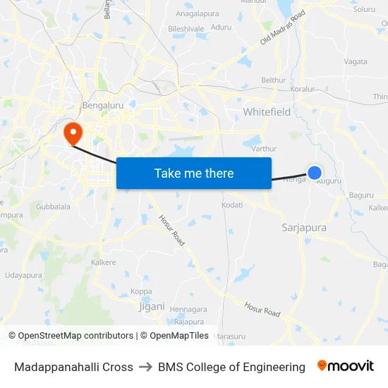 Madappanahalli Cross to BMS College of Engineering map