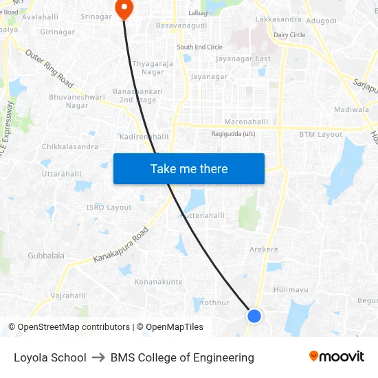 Loyola School to BMS College of Engineering map
