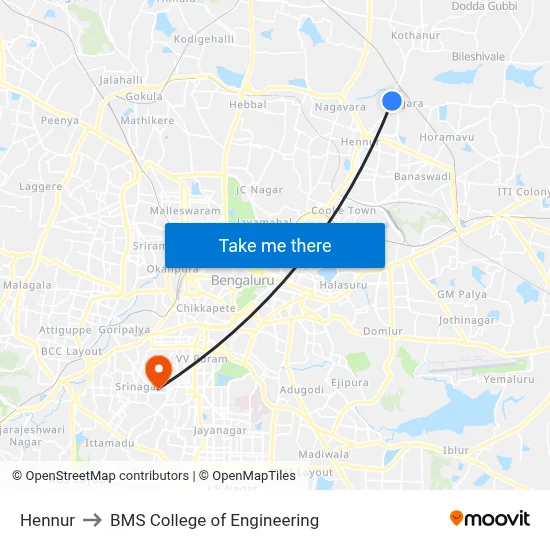 Hennur to BMS College of Engineering map