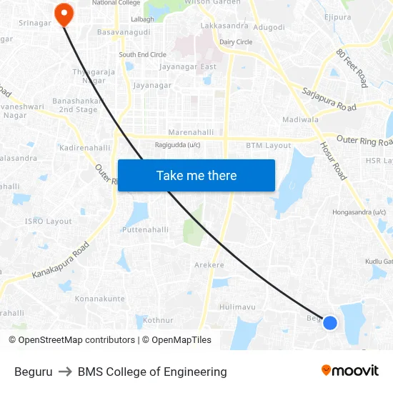 Beguru to BMS College of Engineering map
