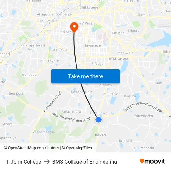 T John College to BMS College of Engineering map