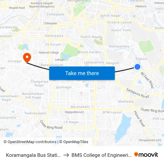 Koramangala Bus Station to BMS College of Engineering map