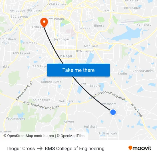 Thogur Cross to BMS College of Engineering map