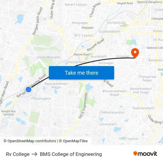 Rv College to BMS College of Engineering map