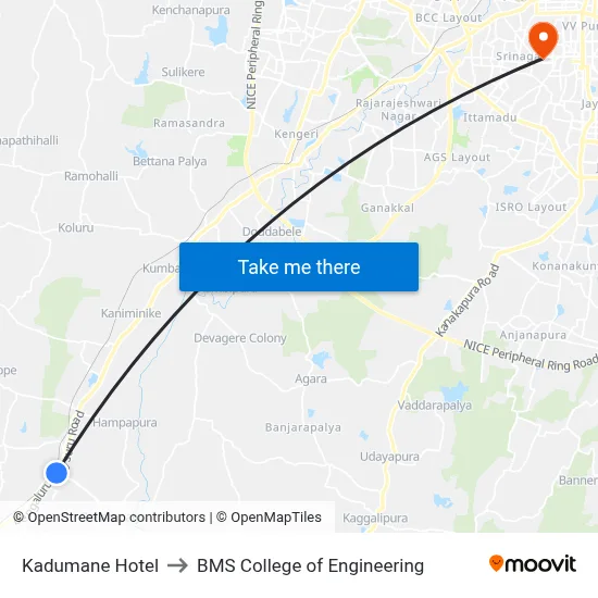 Kadumane Hotel to BMS College of Engineering map