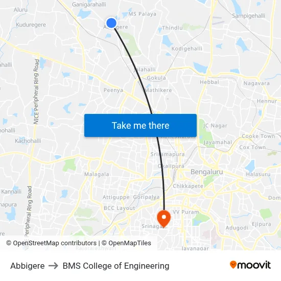 Abbigere to BMS College of Engineering map