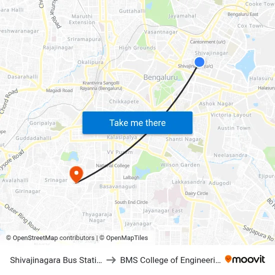 Shivajinagara Bus Station to BMS College of Engineering map
