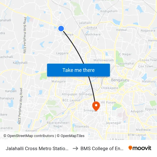 Jalahalli Cross Metro Station Departure to BMS College of Engineering map