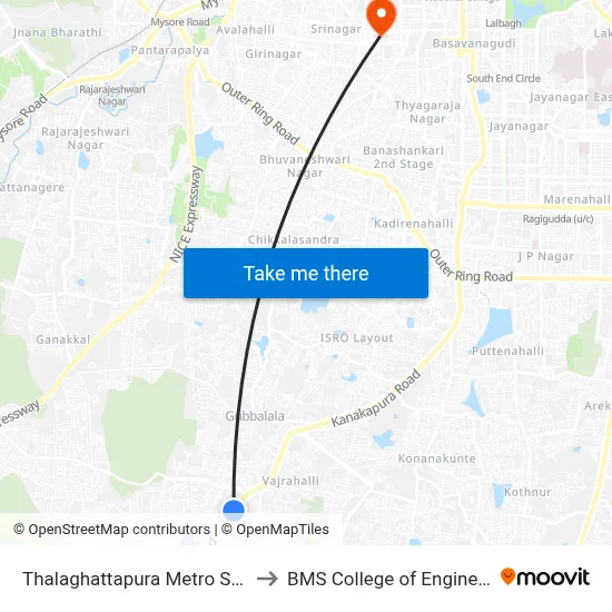 Thalaghattapura Metro Station to BMS College of Engineering map