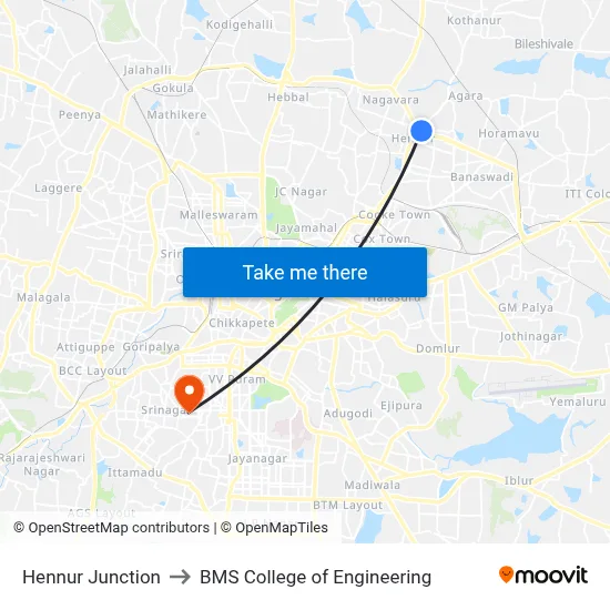 Hennur Junction to BMS College of Engineering map