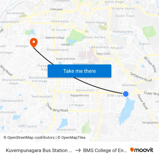 Kuvempunagara Bus Station (Btm Layout) to BMS College of Engineering map