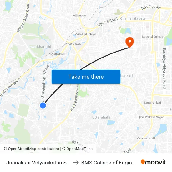 Jnanakshi Vidyaniketan School to BMS College of Engineering map