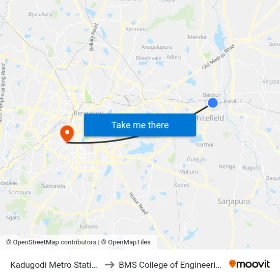 Kadugodi Metro Station to BMS College of Engineering map