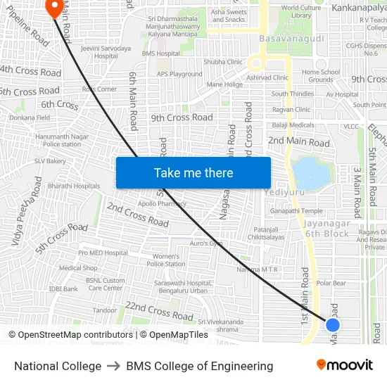 National College to BMS College of Engineering map