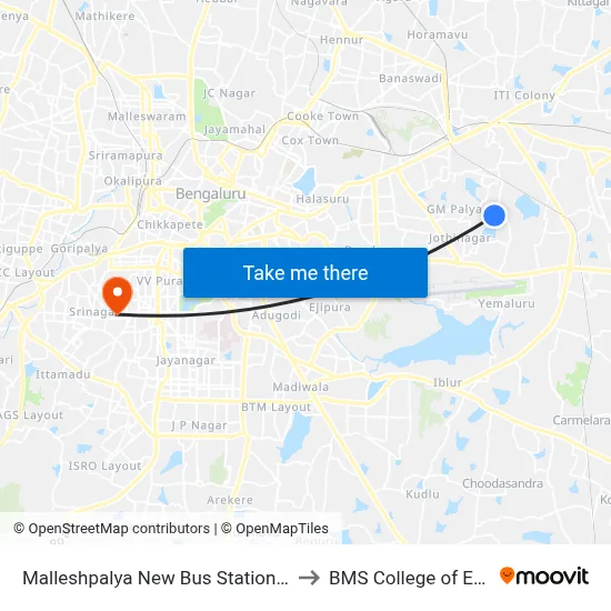 Malleshpalya New Bus Station(Vignananagar) to BMS College of Engineering map