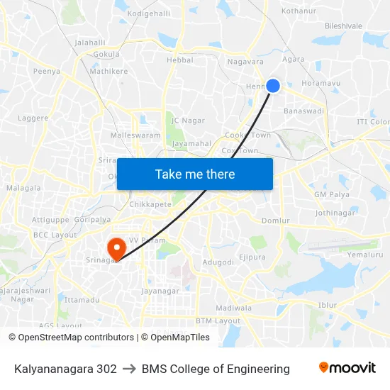 Kalyananagara 302 to BMS College of Engineering map