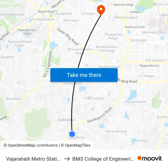 Vajarahalli Metro Station to BMS College of Engineering map