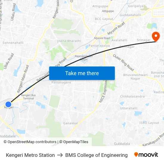 Kengeri Metro Station to BMS College of Engineering map
