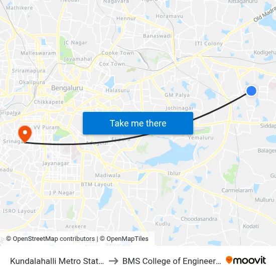 Kundalahalli Metro Station to BMS College of Engineering map