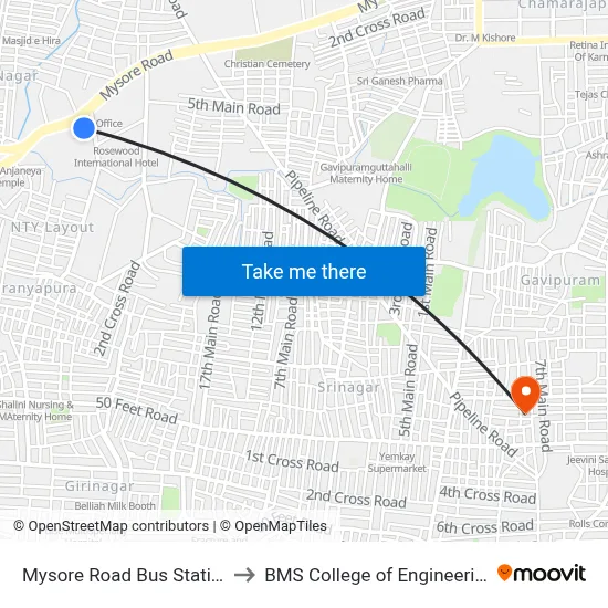 Mysore Road Bus Station to BMS College of Engineering map