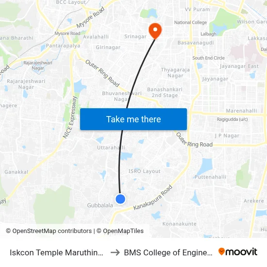 Iskcon Temple Maruthinagara to BMS College of Engineering map