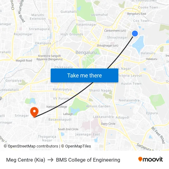 Meg Centre (Kia) to BMS College of Engineering map