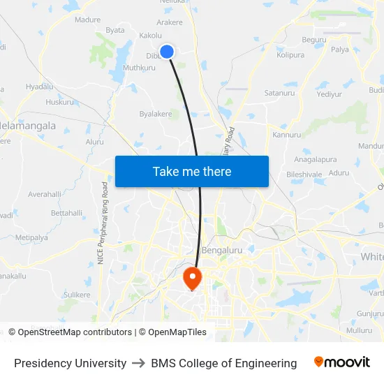 Presidency University to BMS College of Engineering map