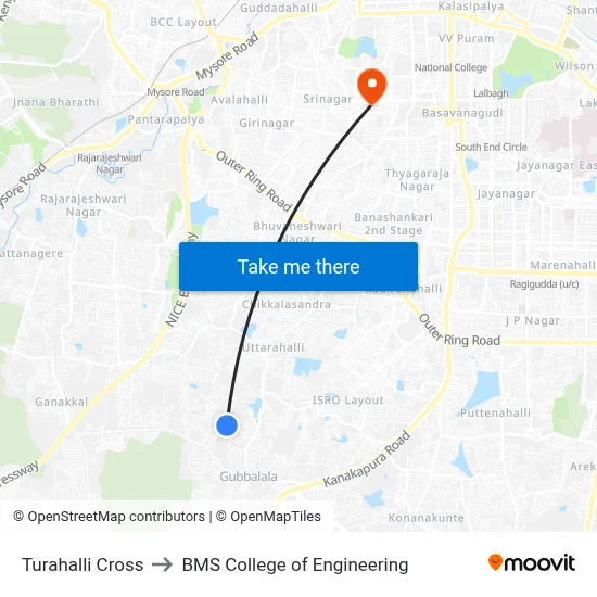 Turahalli Cross to BMS College of Engineering map