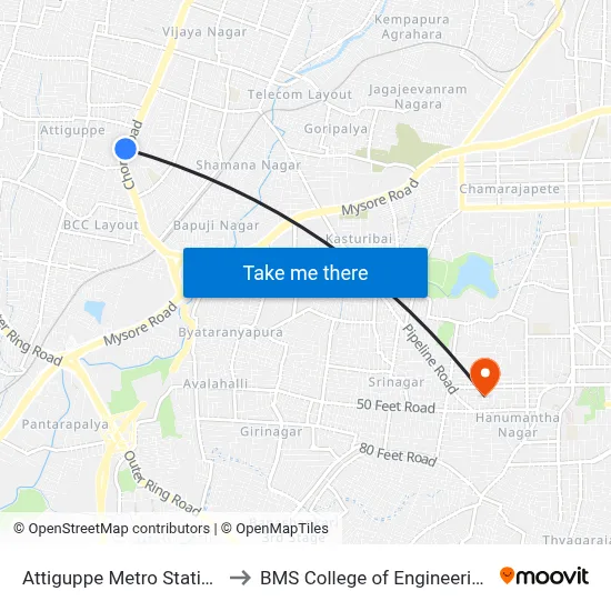 Attiguppe Metro Station to BMS College of Engineering map