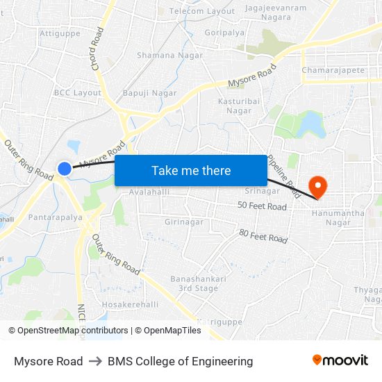 Mysore Road to BMS College of Engineering map