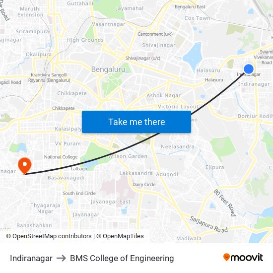 Indiranagar to BMS College of Engineering map