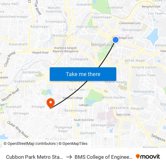 Cubbon Park Metro Station to BMS College of Engineering map