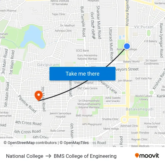 National College to BMS College of Engineering map