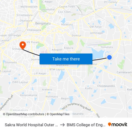 Sakra World Hospital Outer Ring Road to BMS College of Engineering map