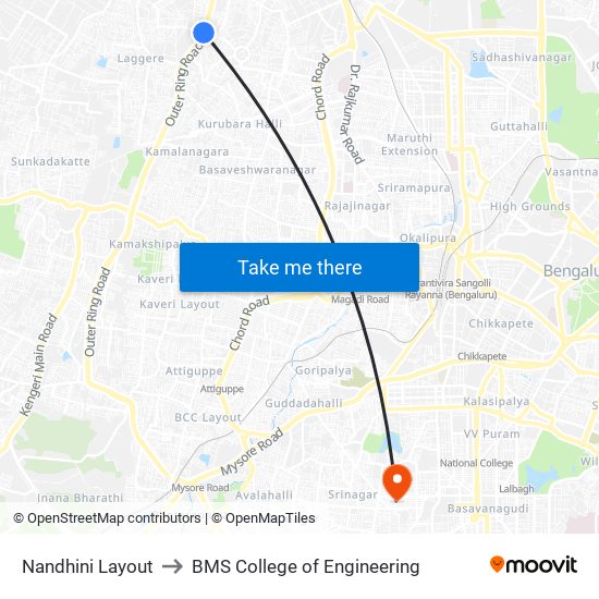 Nandhini Layout to BMS College of Engineering map