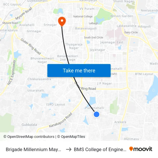 Brigade Millennium Mayflower to BMS College of Engineering map