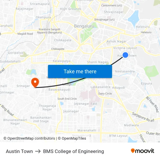 Austin Town to BMS College of Engineering map