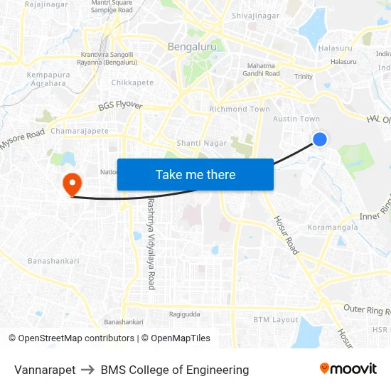Vannarapet to BMS College of Engineering map