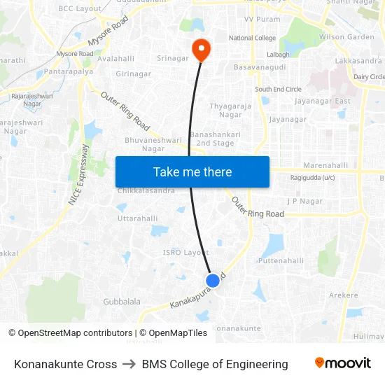 Konanakunte Cross to BMS College of Engineering map