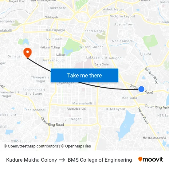 Kudure Mukha Colony to BMS College of Engineering map